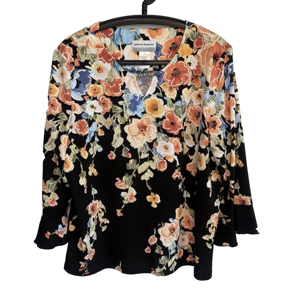 Alfred Dunner Womens 3/4 Sleeve Floral Beaded Top PL Classic Feminine Boho Chic